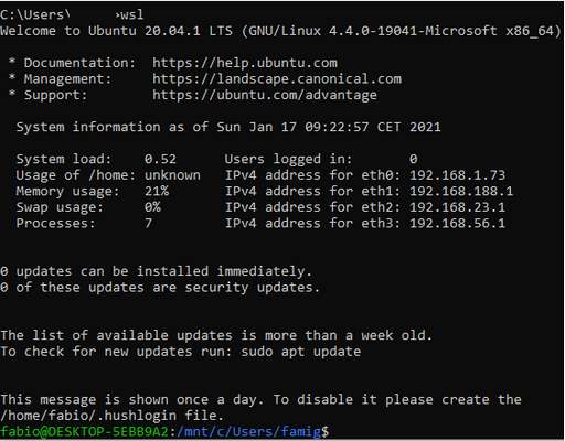 wsl comando per accedere al sottosistema Linux